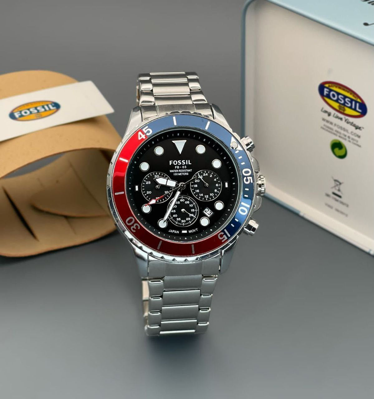 Fossil Fb 03 Silver Red Metal Watch - View 3