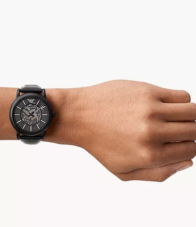 Armani Black Leather Automatic Watch - View 4